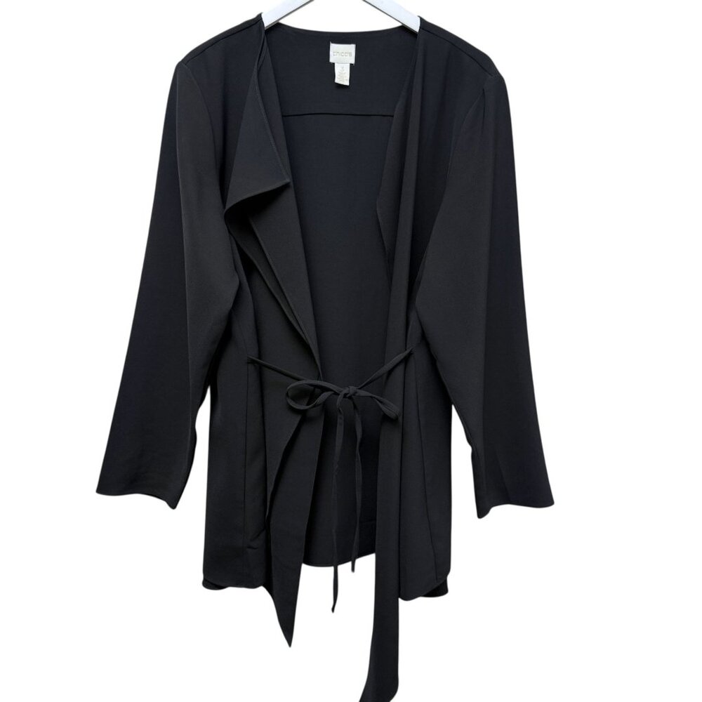 CHICOS Jacket XL (Chicos 3) Womens Black Open Waterfall Front Blazer Artsy